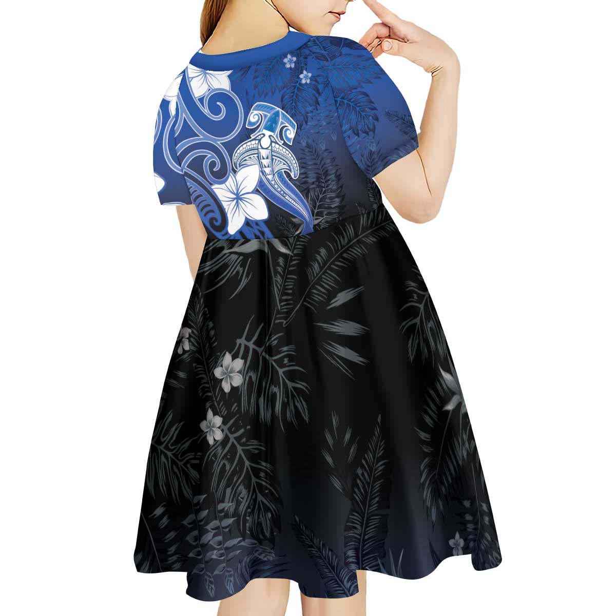 Polynesia Hammerhead Shark Kid Short Sleeve Dress Blue Tribal Pattern With Plumeria LT05 - Polynesian Pride