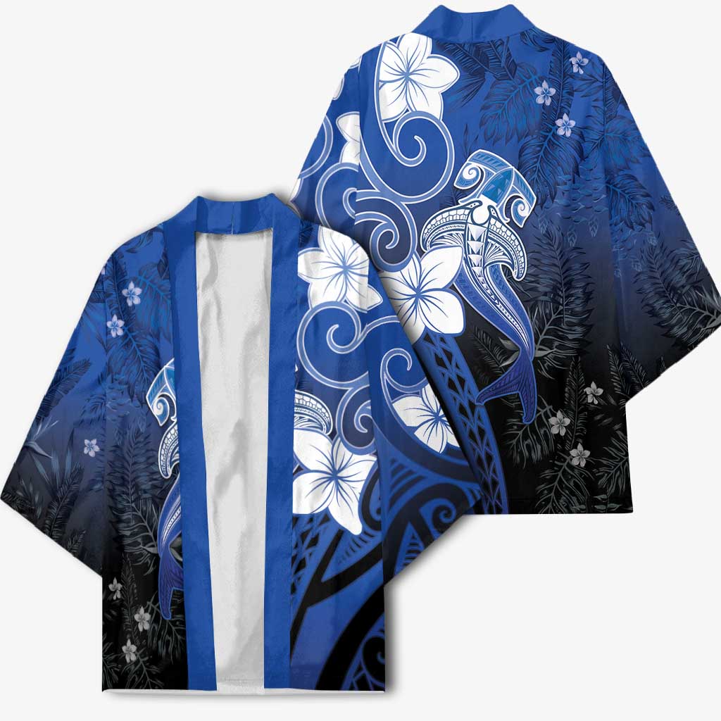 Polynesia Hammerhead Shark Kimono Blue Tribal Pattern With Plumeria - Polynesian Pride