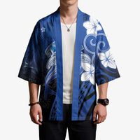 Polynesia Hammerhead Shark Kimono Blue Tribal Pattern With Plumeria - Polynesian Pride