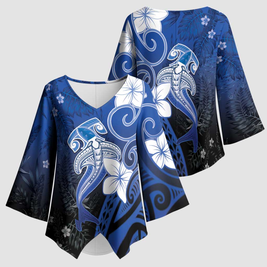 Polynesia Hammerhead Shark Kimono Sleeve Blouse Blue Tribal Pattern With Plumeria - Polynesian Pride