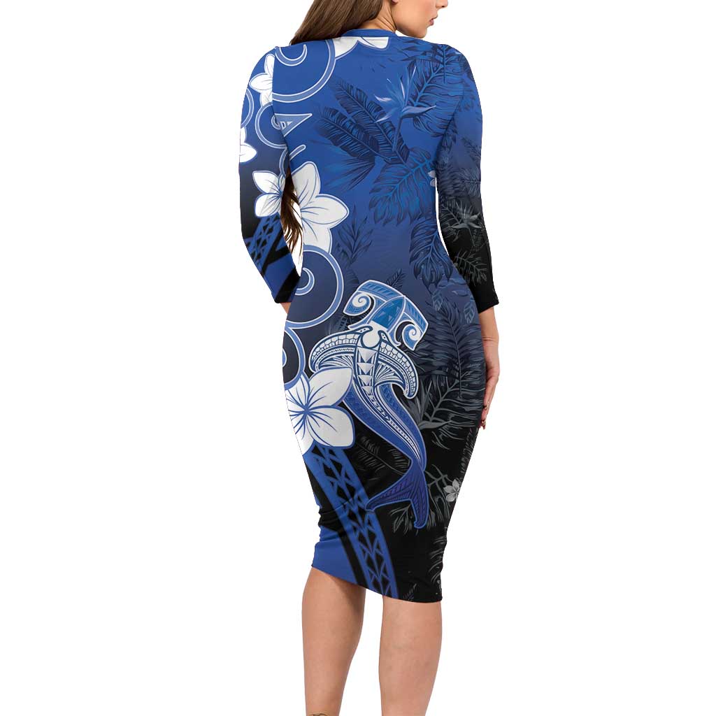 Polynesia Hammerhead Shark Long Sleeve Bodycon Dress Blue Tribal Pattern With Plumeria LT05 - Polynesian Pride