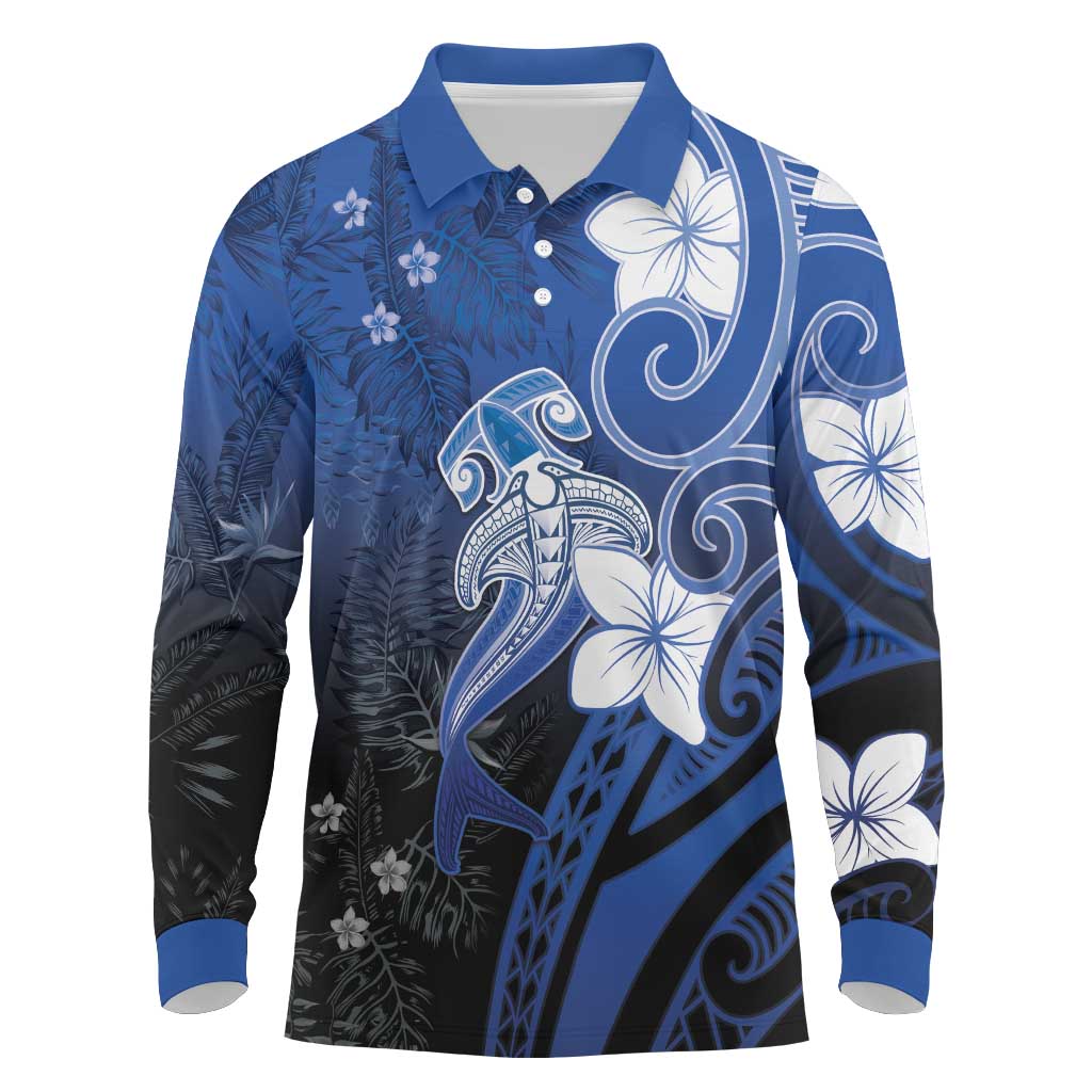 Polynesia Hammerhead Shark Long Sleeve Polo Shirt Blue Tribal Pattern With Plumeria - Polynesian Pride