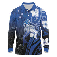 Polynesia Hammerhead Shark Long Sleeve Polo Shirt Blue Tribal Pattern With Plumeria - Polynesian Pride