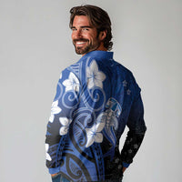 Polynesia Hammerhead Shark Long Sleeve Polo Shirt Blue Tribal Pattern With Plumeria - Polynesian Pride