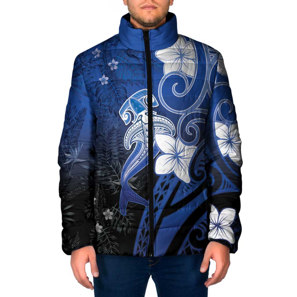 Polynesia Hammerhead Shark Padded Jacket Blue Tribal Pattern With Plumeria - Polynesian Pride