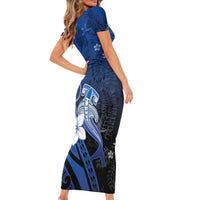 Polynesia Hammerhead Shark Short Sleeve Bodycon Dress Blue Tribal Pattern With Plumeria - Polynesian Pride