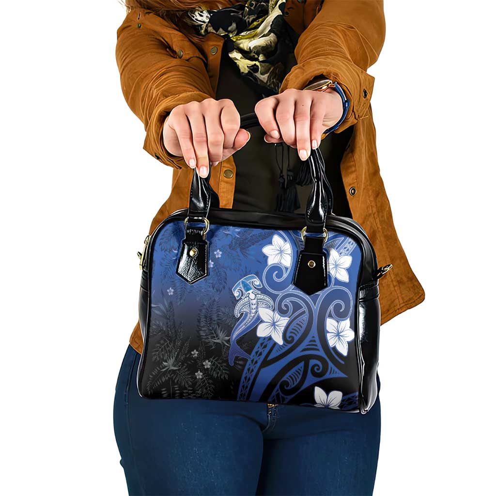 Polynesia Hammerhead Shark Shoulder Handbag Blue Tribal Pattern With Plumeria - Polynesian Pride