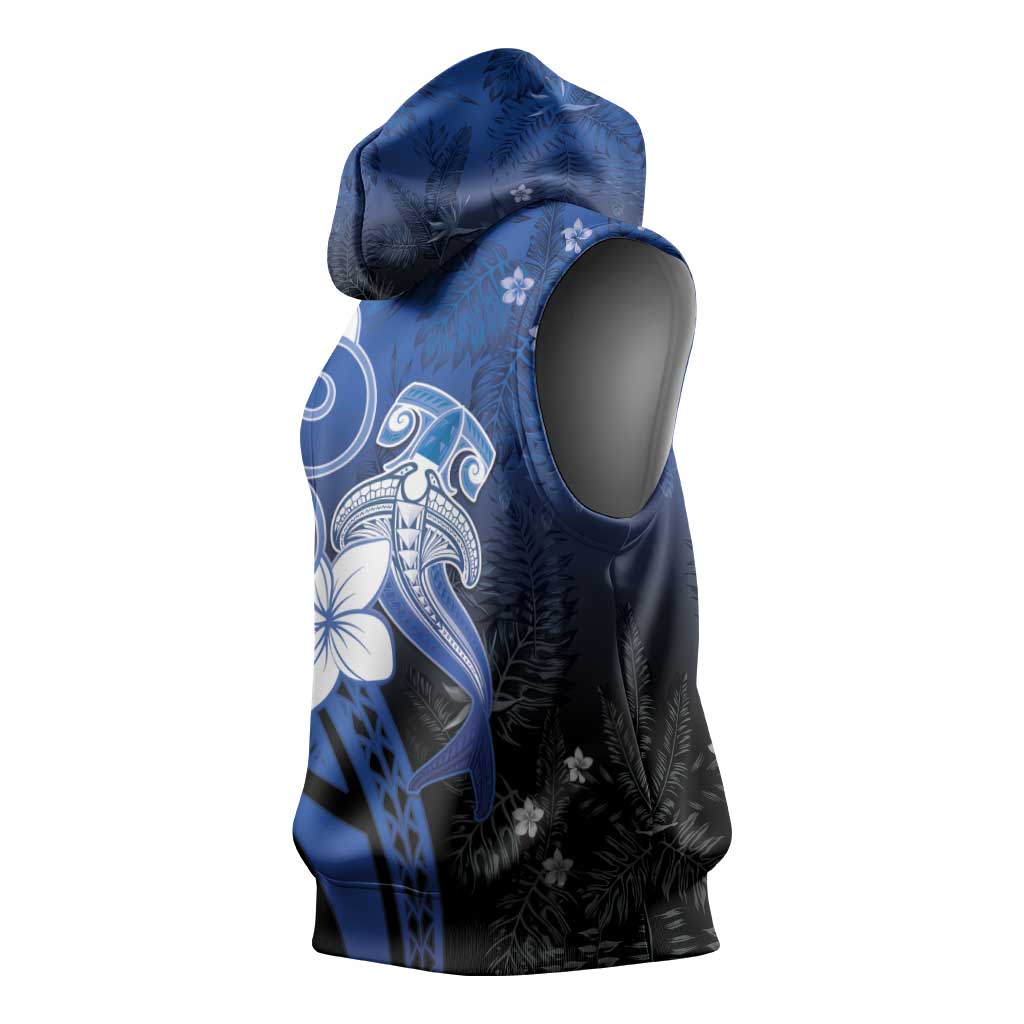Polynesia Hammerhead Shark Sleeveless Hoodie Blue Tribal Pattern With Plumeria - Polynesian Pride