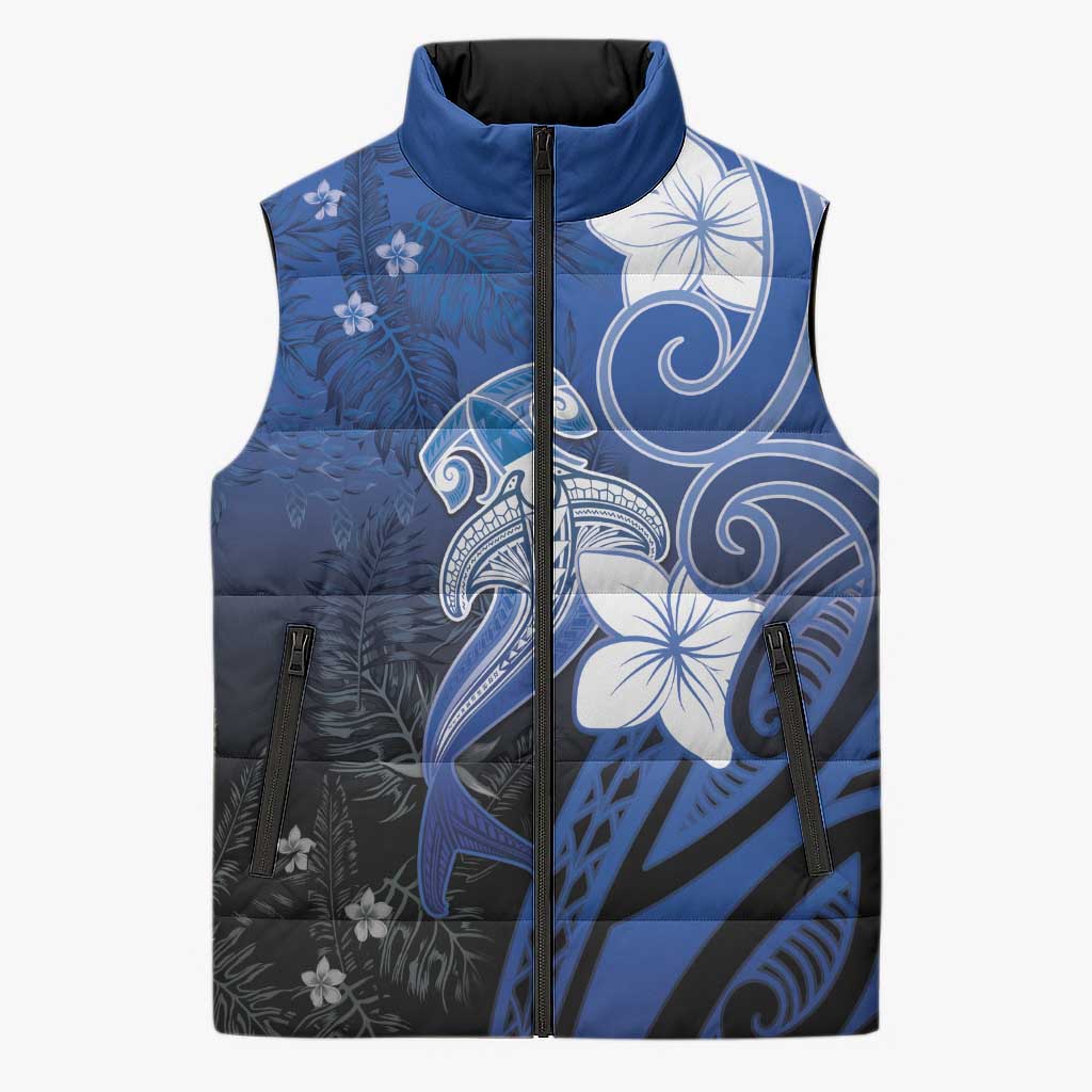 Polynesia Hammerhead Shark Sleeveless Puffer Jacket Blue Tribal Pattern With Plumeria - Polynesian Pride
