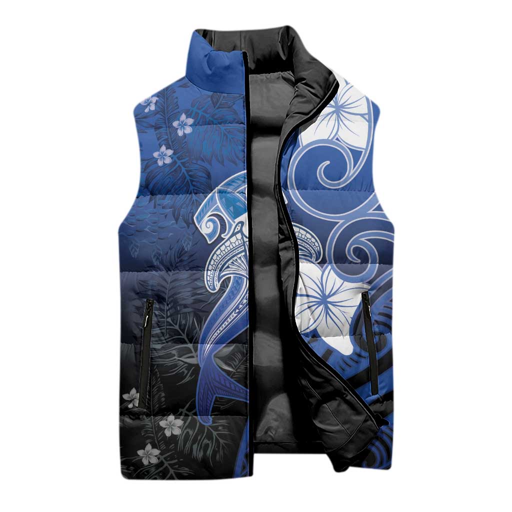 Polynesia Hammerhead Shark Sleeveless Puffer Jacket Blue Tribal Pattern With Plumeria - Polynesian Pride