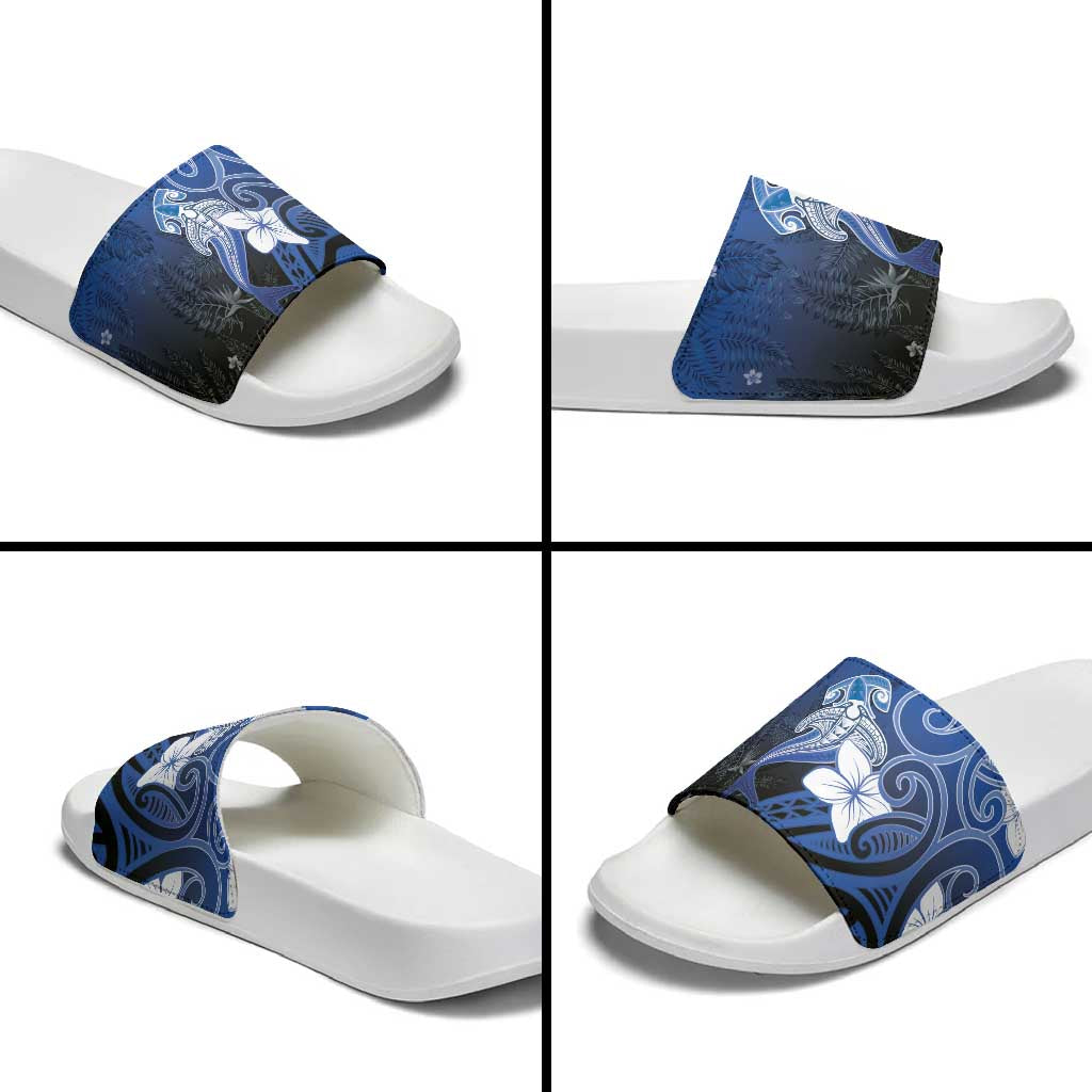 Polynesia Hammerhead Shark Slide Sandals Blue Tribal Pattern With Plumeria LT05 - Polynesian Pride