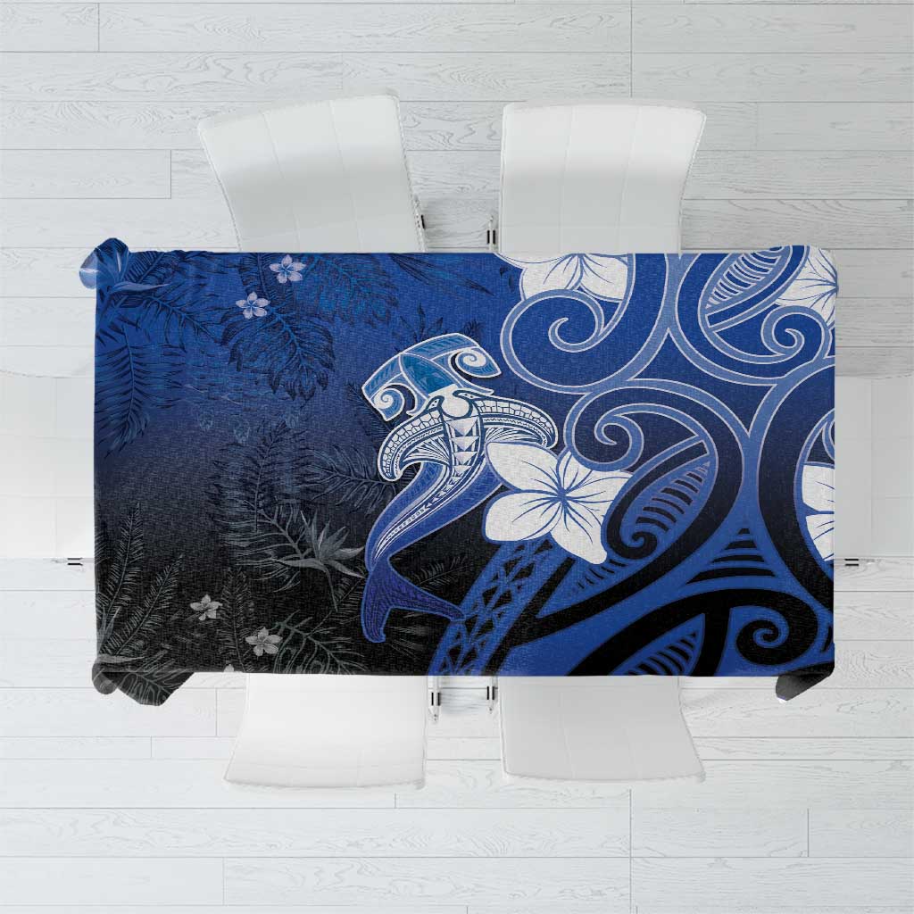 Polynesia Hammerhead Shark Tablecloth Blue Tribal Pattern With Plumeria - Polynesian Pride