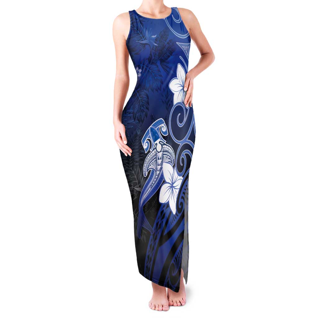 Polynesia Hammerhead Shark Tank Maxi Dress Blue Tribal Pattern With Plumeria LT05 Women Blue - Polynesian Pride