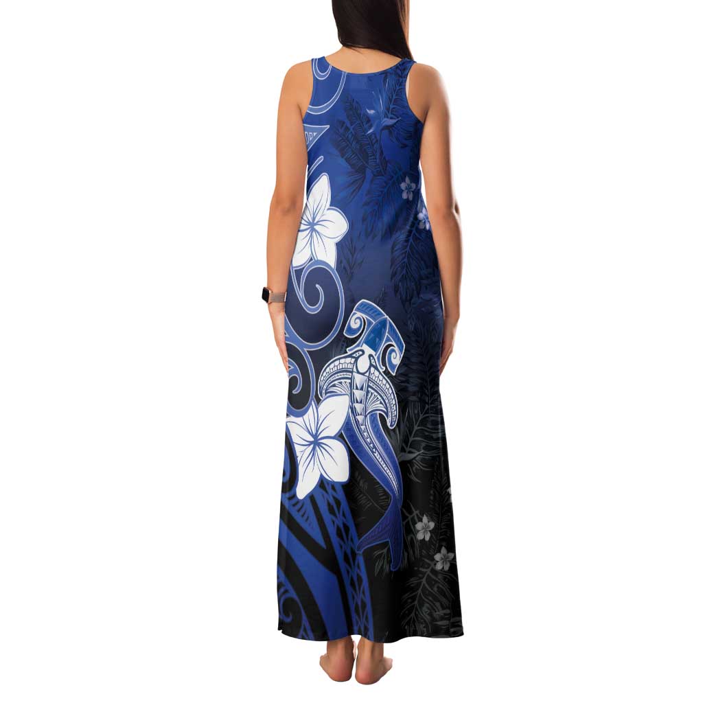Polynesia Hammerhead Shark Tank Maxi Dress Blue Tribal Pattern With Plumeria LT05 - Polynesian Pride