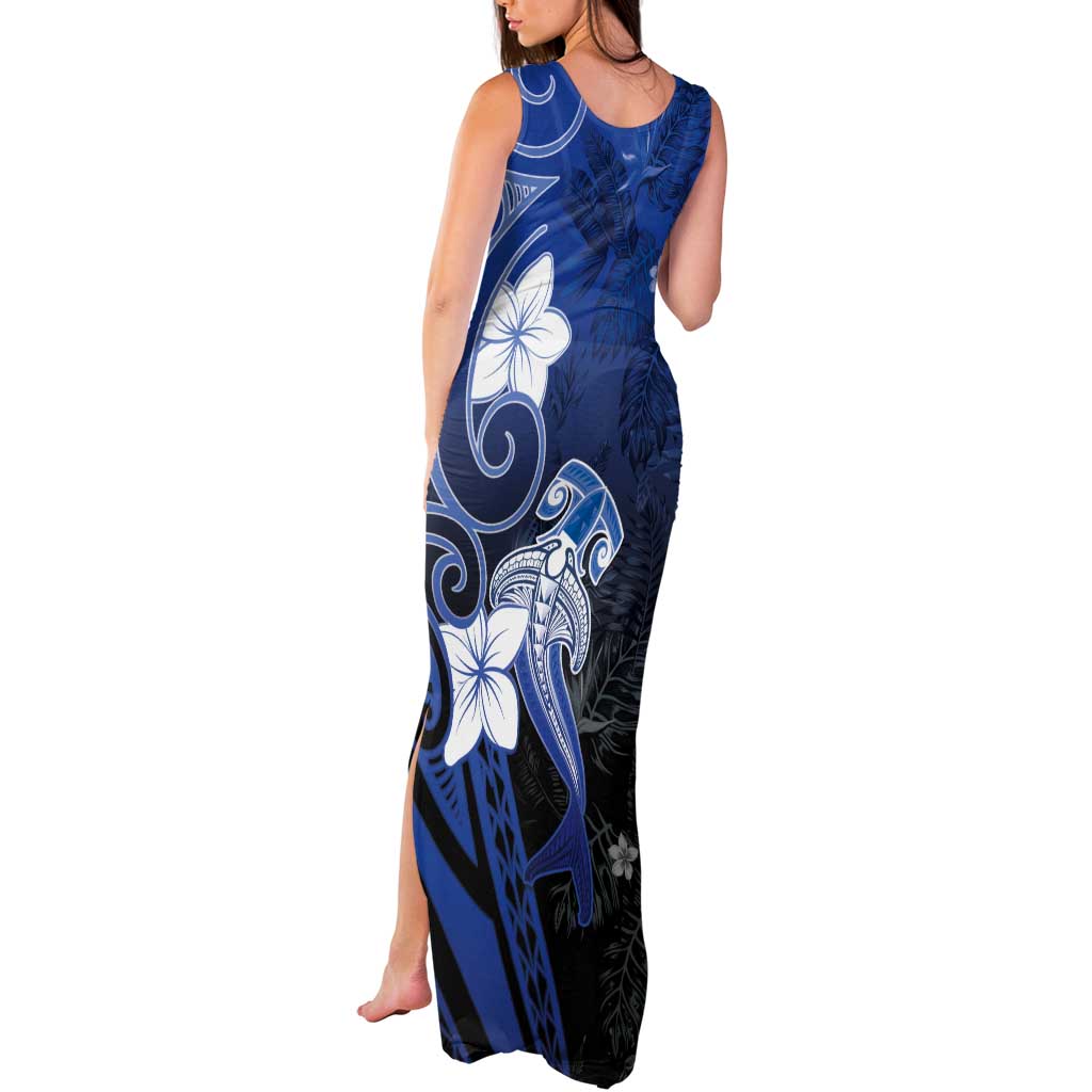 Polynesia Hammerhead Shark Tank Maxi Dress Blue Tribal Pattern With Plumeria LT05 - Polynesian Pride