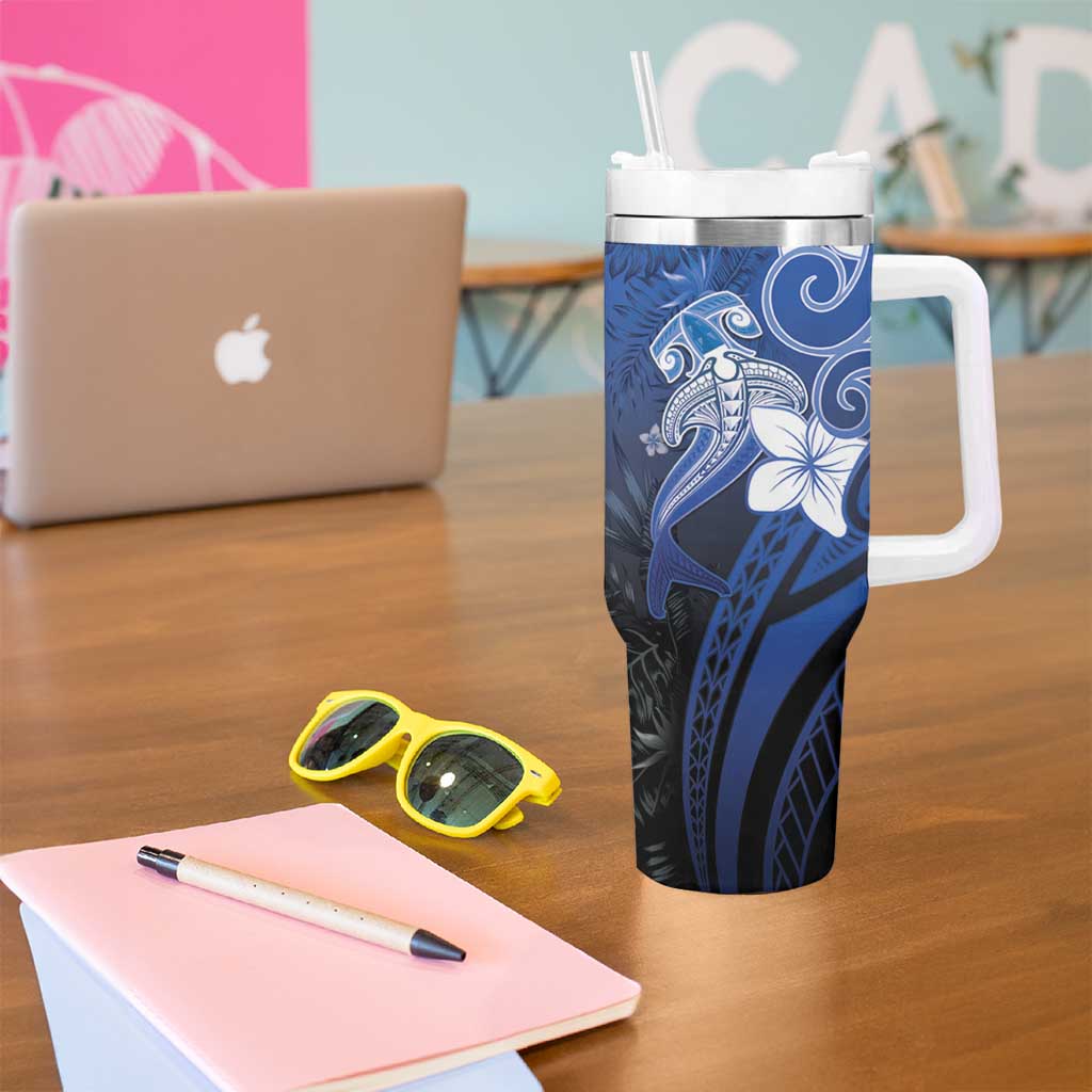 Polynesia Hammerhead Shark Tumbler With Handle Blue Tribal Pattern With Plumeria LT05 - Polynesian Pride