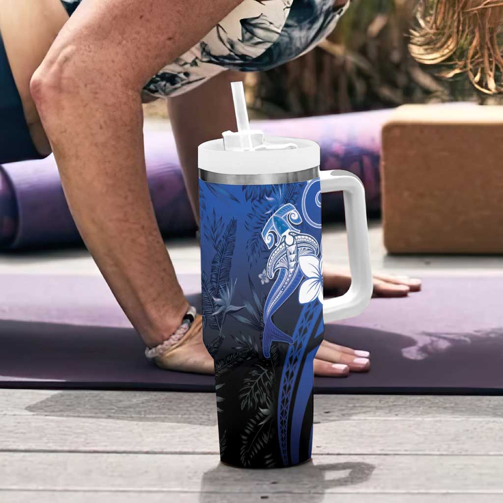 Polynesia Hammerhead Shark Tumbler With Handle Blue Tribal Pattern With Plumeria LT05 - Polynesian Pride