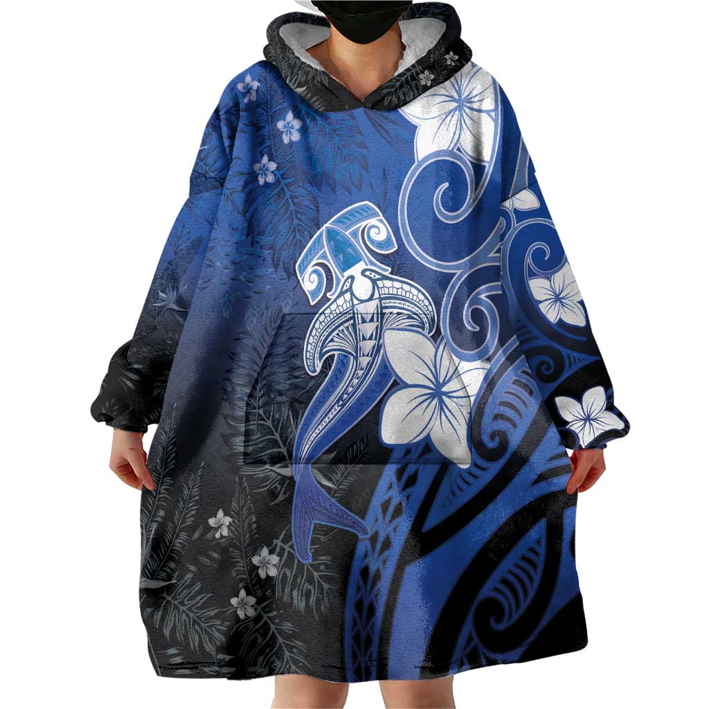 Polynesia Hammerhead Shark Wearable Blanket Hoodie Blue Tribal Pattern With Plumeria - Polynesian Pride