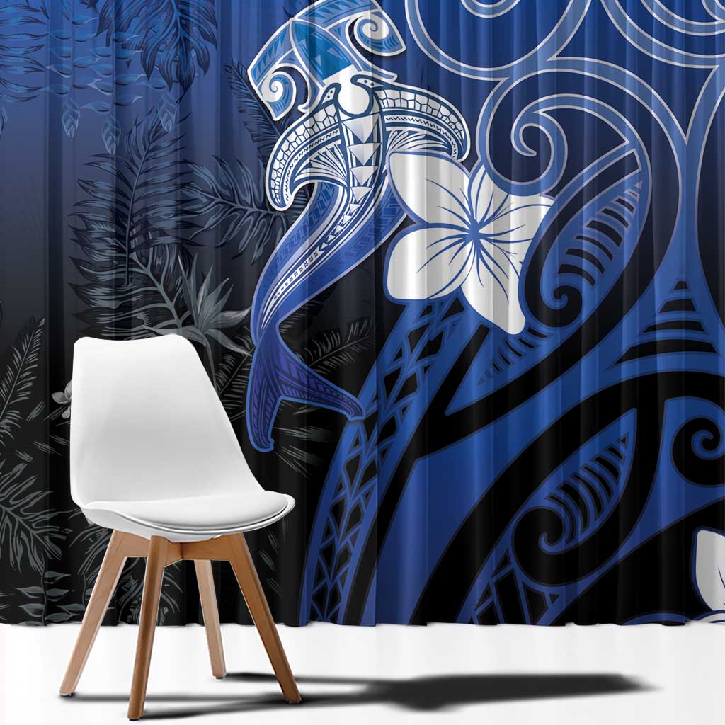 Polynesia Hammerhead Shark Window Curtain Blue Tribal Pattern With Plumeria LT05 - Polynesian Pride