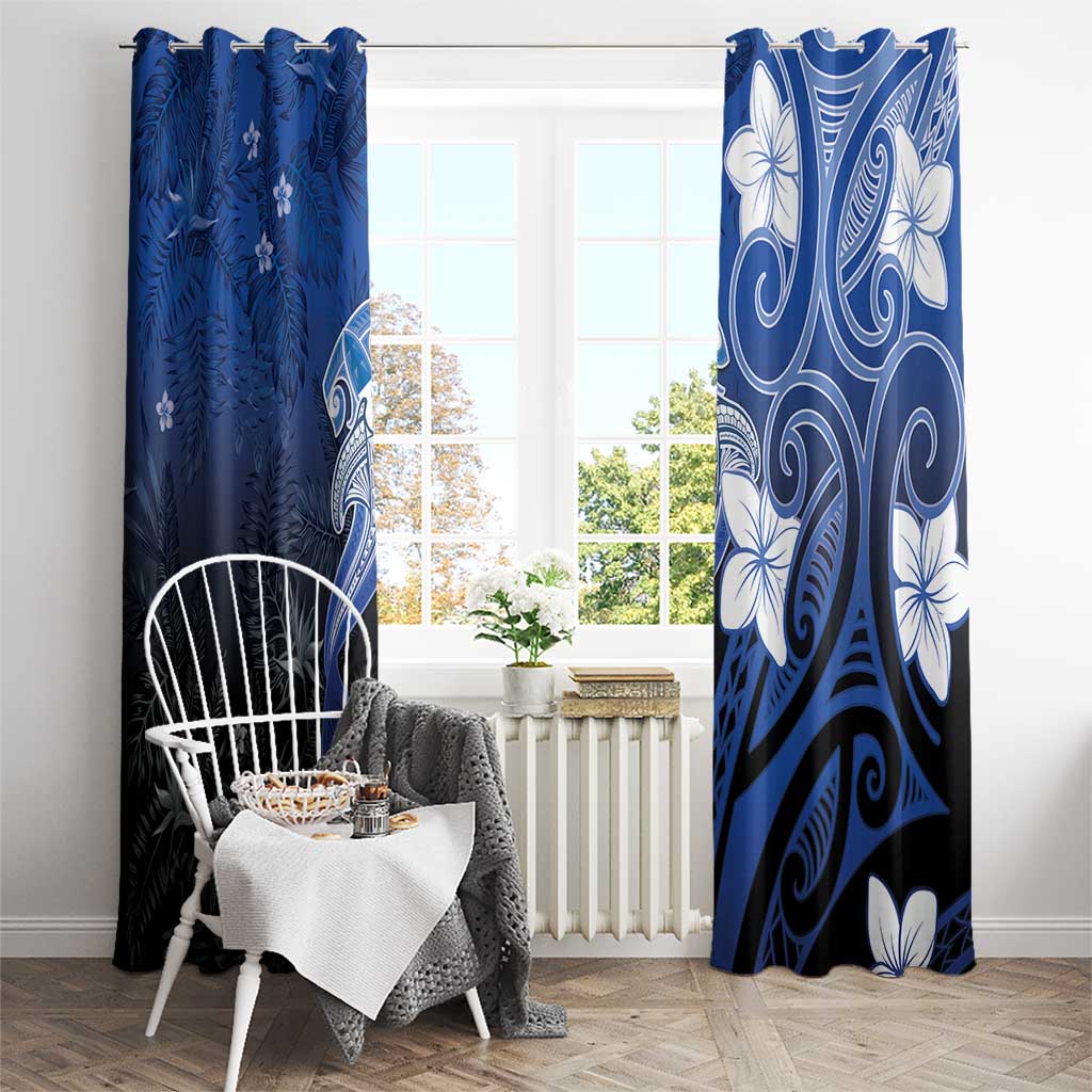Polynesia Hammerhead Shark Window Curtain Blue Tribal Pattern With Plumeria LT05 - Polynesian Pride