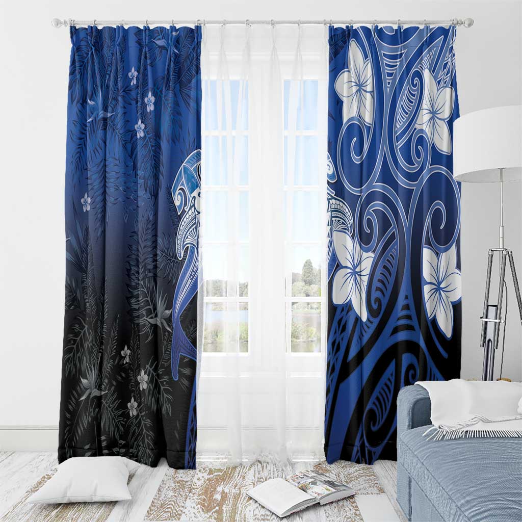 Polynesia Hammerhead Shark Window Curtain Blue Tribal Pattern With Plumeria LT05 - Polynesian Pride