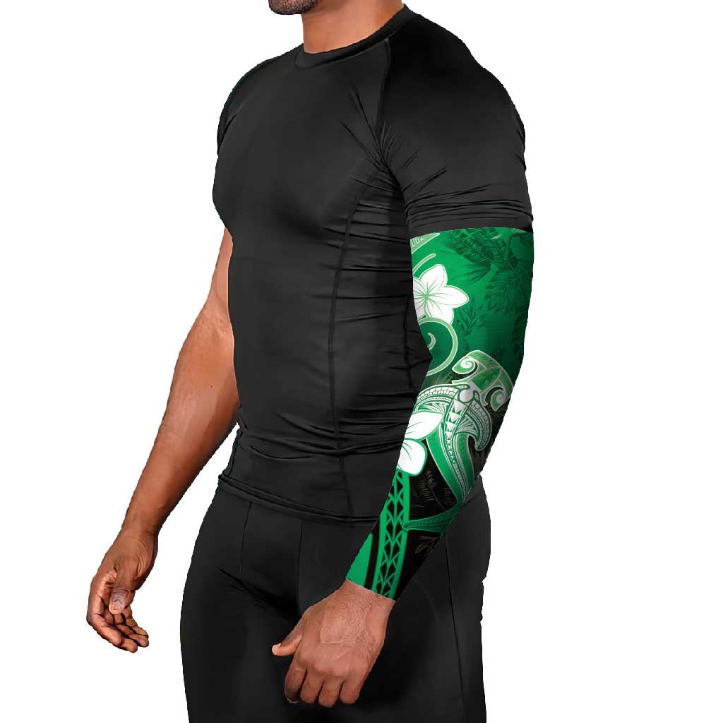 Polynesia Hammerhead Shark Arm Sleeves Green Tribal Pattern With Plumeria - Polynesian Pride