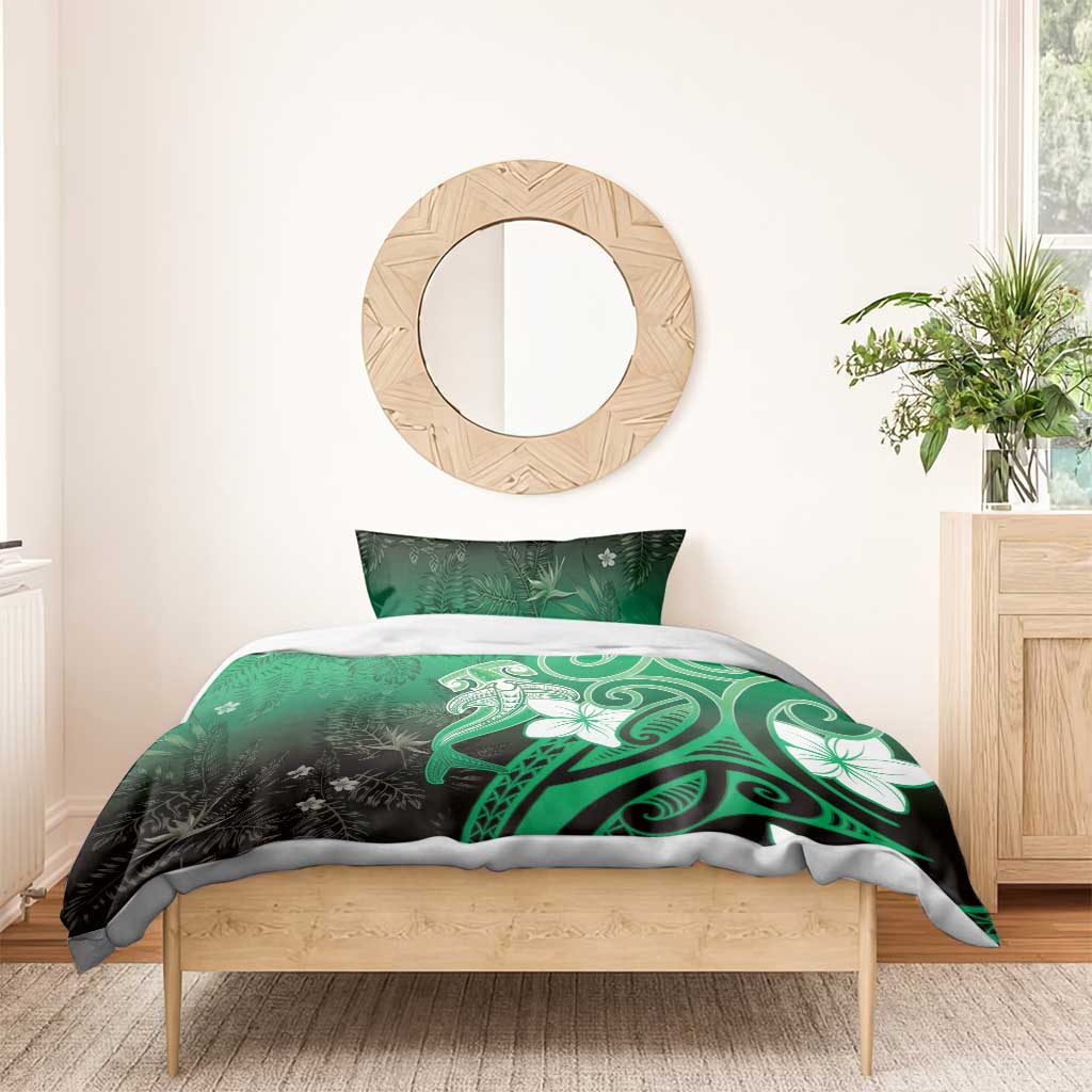 Polynesia Hammerhead Shark Bedding Set Green Tribal Pattern With Plumeria - Polynesian Pride
