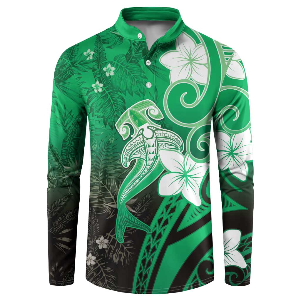 Polynesia Hammerhead Shark Button Sweatshirt Green Tribal Pattern With Plumeria - Polynesian Pride