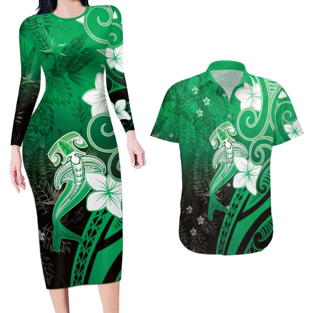 Polynesia Hammerhead Shark Couples Matching Long Sleeve Bodycon Dress and Hawaiian Shirt Green Tribal Pattern With Plumeria LT05 Green - Polynesian Pride