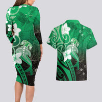 Polynesia Hammerhead Shark Couples Matching Long Sleeve Bodycon Dress and Hawaiian Shirt Green Tribal Pattern With Plumeria LT05 - Polynesian Pride