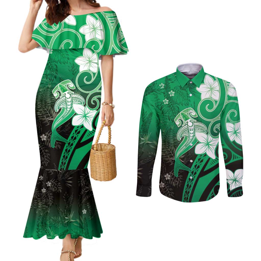 Polynesia Hammerhead Shark Couples Matching Mermaid Dress and Long Sleeve Button Shirt Green Tribal Pattern With Plumeria - Polynesian Pride