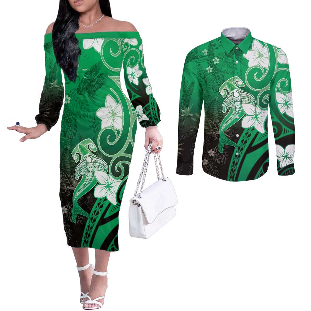 Polynesia Hammerhead Shark Couples Matching Off The Shoulder Long Sleeve Dress and Long Sleeve Button Shirt Green Tribal Pattern With Plumeria - Polynesian Pride