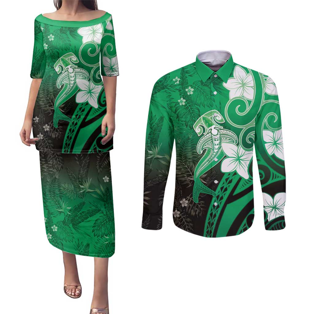 Polynesia Hammerhead Shark Couples Matching Puletasi and Long Sleeve Button Shirt Green Tribal Pattern With Plumeria - Polynesian Pride