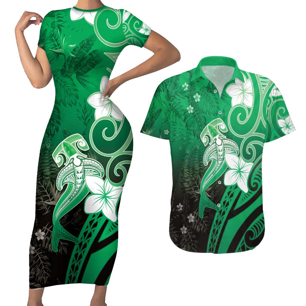 Polynesia Hammerhead Shark Couples Matching Short Sleeve Bodycon Dress and Hawaiian Shirt Green Tribal Pattern With Plumeria - Polynesian Pride
