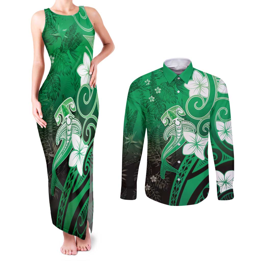 Polynesia Hammerhead Shark Couples Matching Tank Maxi Dress and Long Sleeve Button Shirt Green Tribal Pattern With Plumeria - Polynesian Pride