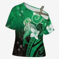 Polynesia Hammerhead Shark Cross Shoulder Shirt Green Tribal Pattern With Plumeria - Polynesian Pride