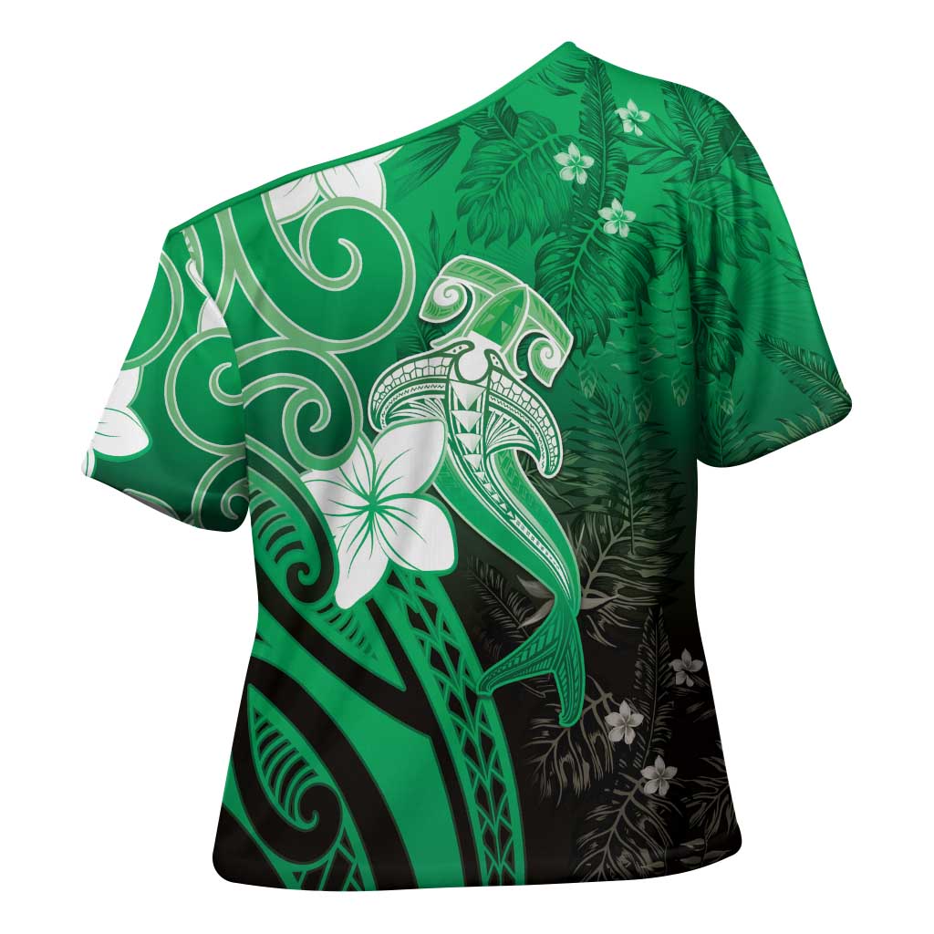 Polynesia Hammerhead Shark Cross Shoulder Shirt Green Tribal Pattern With Plumeria - Polynesian Pride