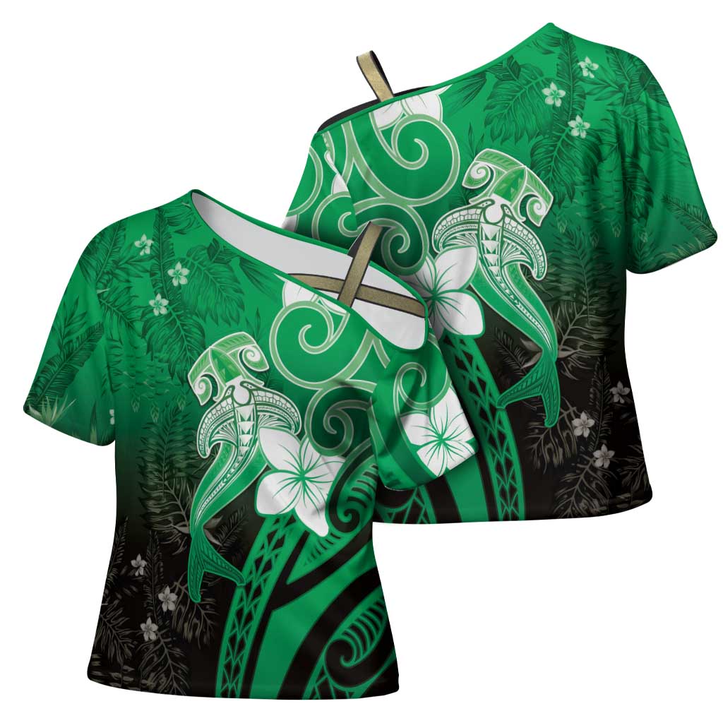 Polynesia Hammerhead Shark Cross Shoulder Shirt Green Tribal Pattern With Plumeria - Polynesian Pride