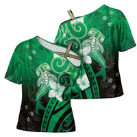 Polynesia Hammerhead Shark Cross Shoulder Shirt Green Tribal Pattern With Plumeria - Polynesian Pride