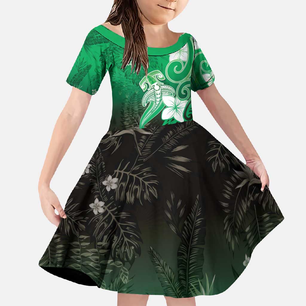 Polynesia Hammerhead Shark Family Matching Mermaid Dress and Hawaiian Shirt Green Tribal Pattern With Plumeria LT05 Daughter's Dress Green - Polynesian Pride