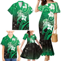 Polynesia Hammerhead Shark Family Matching Mermaid Dress and Hawaiian Shirt Green Tribal Pattern With Plumeria LT05 - Polynesian Pride