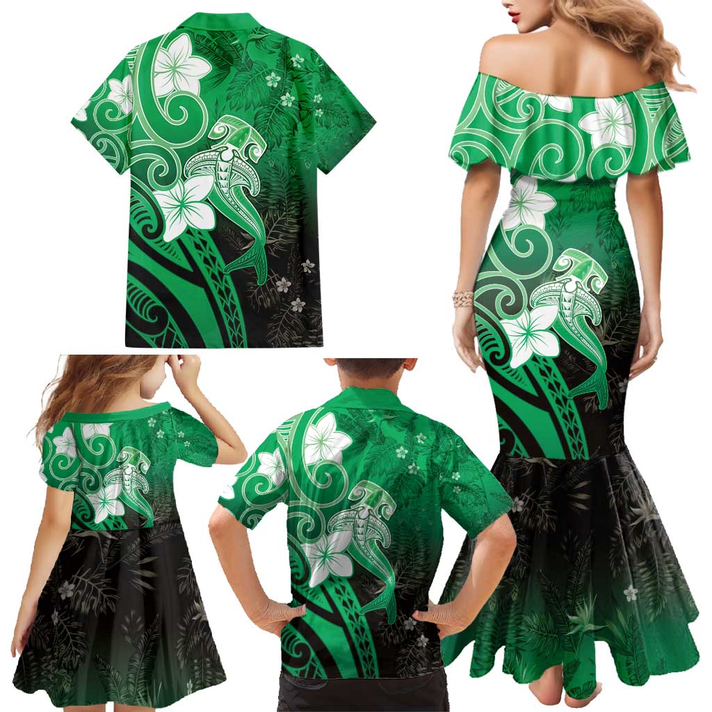 Polynesia Hammerhead Shark Family Matching Mermaid Dress and Hawaiian Shirt Green Tribal Pattern With Plumeria LT05 - Polynesian Pride
