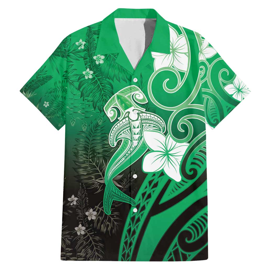 Polynesia Hammerhead Shark Family Matching Mermaid Dress and Hawaiian Shirt Green Tribal Pattern With Plumeria LT05 Dad's Shirt - Short Sleeve Green - Polynesian Pride