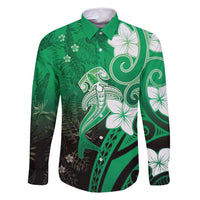 Polynesia Hammerhead Shark Family Matching Mermaid Dress and Hawaiian Shirt Green Tribal Pattern With Plumeria LT05 Dad's Shirt - Long Sleeve Green - Polynesian Pride