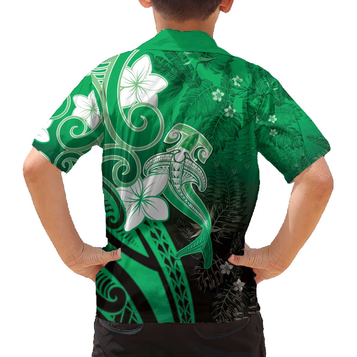 Polynesia Hammerhead Shark Family Matching Off The Shoulder Long Sleeve Dress and Hawaiian Shirt Green Tribal Pattern With Plumeria - Polynesian Pride