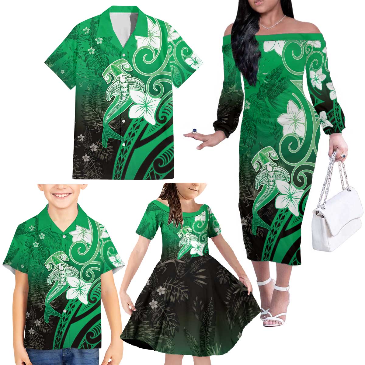 Polynesia Hammerhead Shark Family Matching Off The Shoulder Long Sleeve Dress and Hawaiian Shirt Green Tribal Pattern With Plumeria - Polynesian Pride
