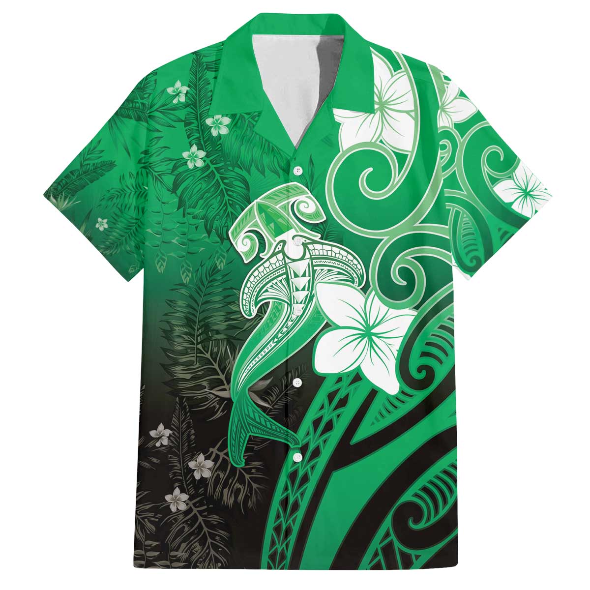 Polynesia Hammerhead Shark Family Matching Off The Shoulder Long Sleeve Dress and Hawaiian Shirt Green Tribal Pattern With Plumeria - Polynesian Pride