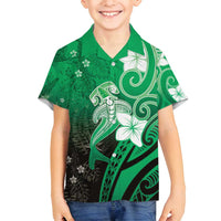 Polynesia Hammerhead Shark Family Matching Off Shoulder Maxi Dress and Hawaiian Shirt Green Tribal Pattern With Plumeria - Polynesian Pride