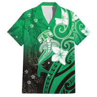Polynesia Hammerhead Shark Family Matching Short Sleeve Bodycon Dress and Hawaiian Shirt Green Tribal Pattern With Plumeria - Polynesian Pride