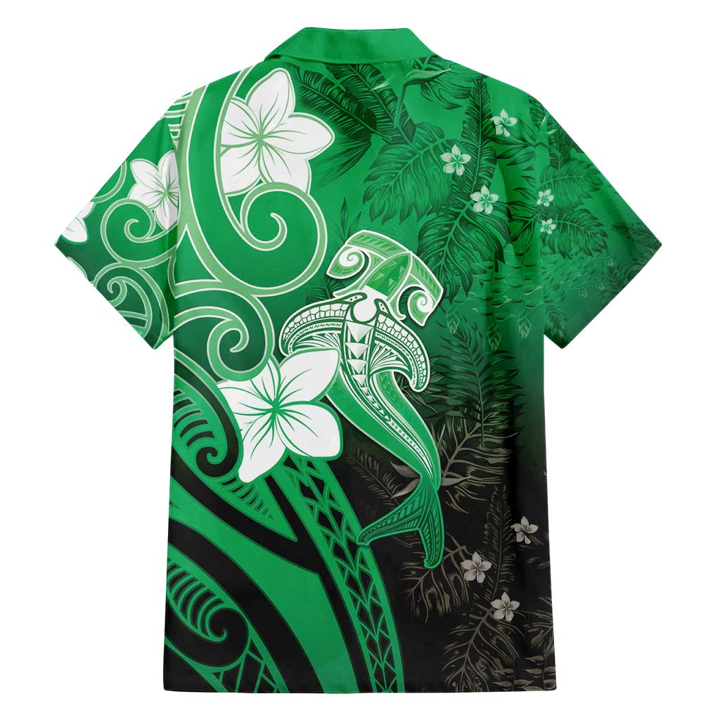 Polynesia Hammerhead Shark Family Matching Summer Maxi Dress and Hawaiian Shirt Green Tribal Pattern With Plumeria - Polynesian Pride